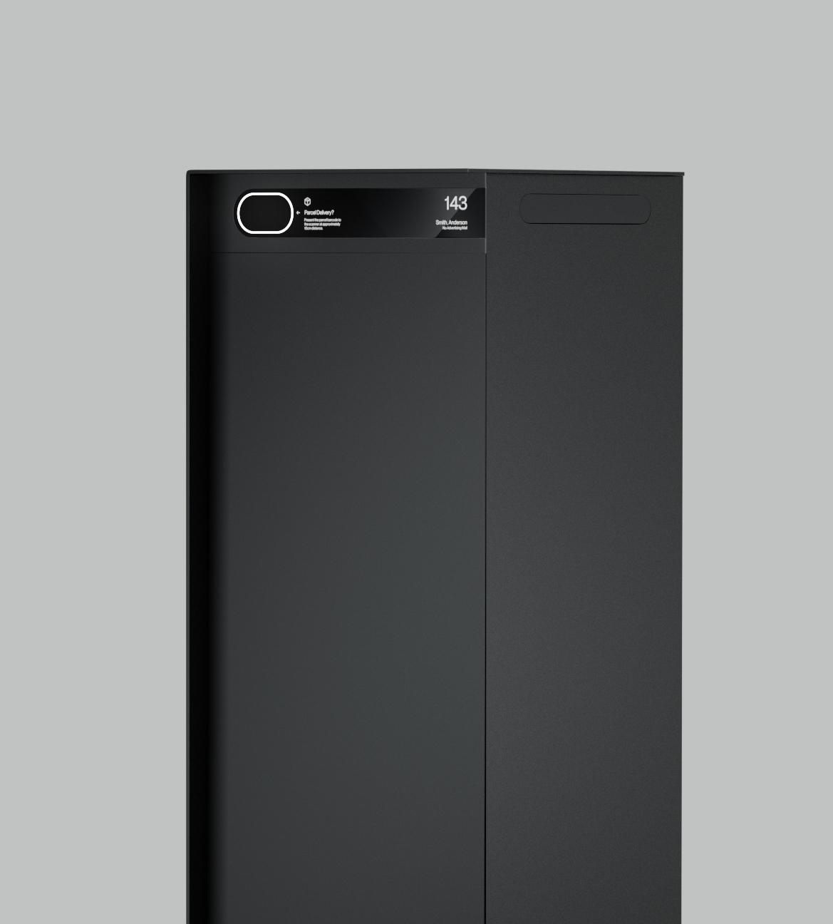 a provisionary render of one side of the black custo smart delivery box