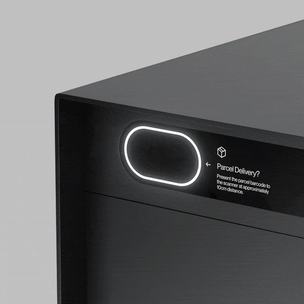a provisionary render of the screen of a black custo smart delivery box